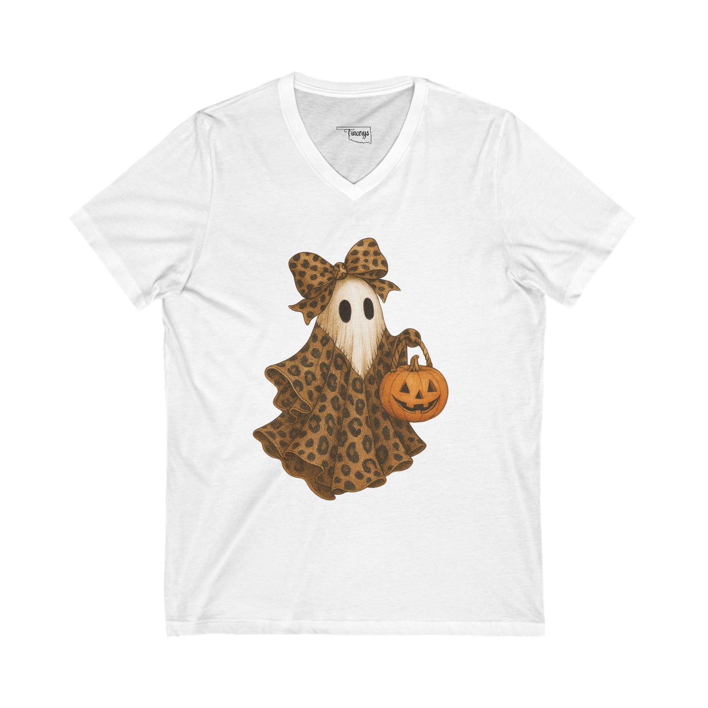 Leopard Print Ghost Halloween Ghost V-Neck