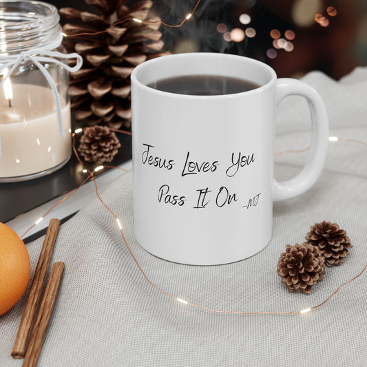 Mason Jar Mysteries  “Jesus Loves You Pass It On” Coffee Lover's Ceramic Mug, Funny Gift for Friends, Office Humor, Personalized Drinkware, Unique Housewarming Mug
